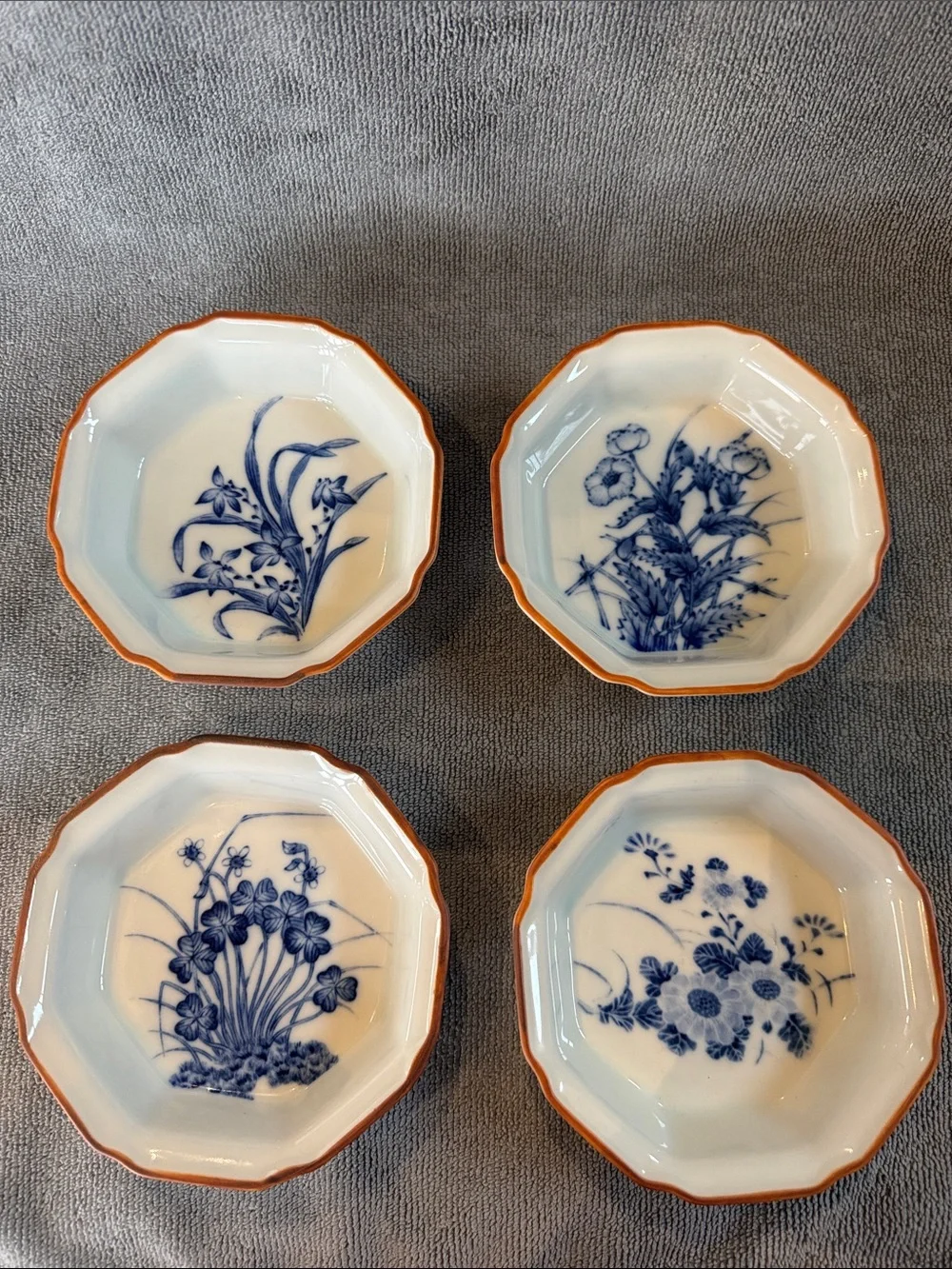 Vintage Koraku Kiln Japanese Arita Ware Plates Set of 4 Octagon Flower Dishes